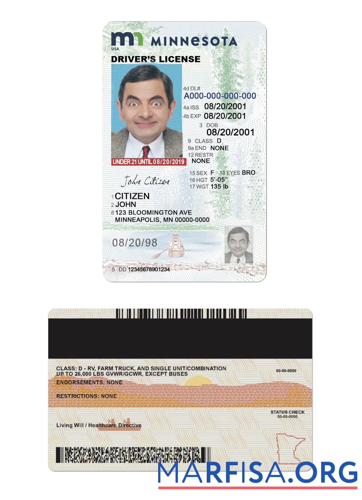 Downloadable USA Minnesota driving license under 21 sample